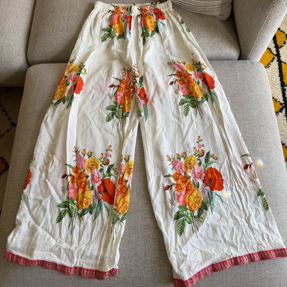 Floral Wide-Leg Pants with Red Trim